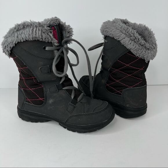 Columbia charcoal gray pink faux fur trim winter lace up ankle snow boots size 1 - Picture 3 of 10